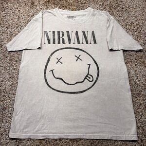 Nirvana Smiley Face Graphic T-Shirt Tan Beige Cotton Mens Size Small Medium